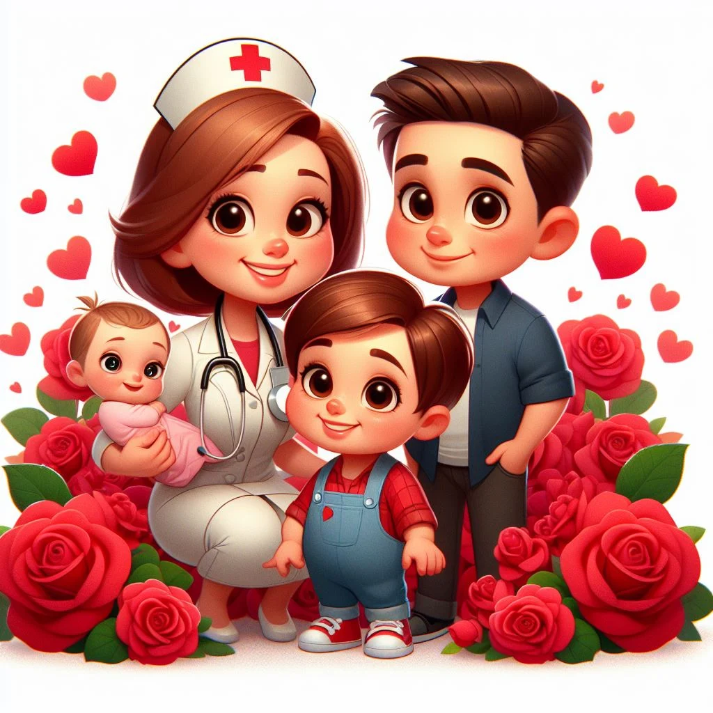 Imagen de madre enfermera con esposo e hijos