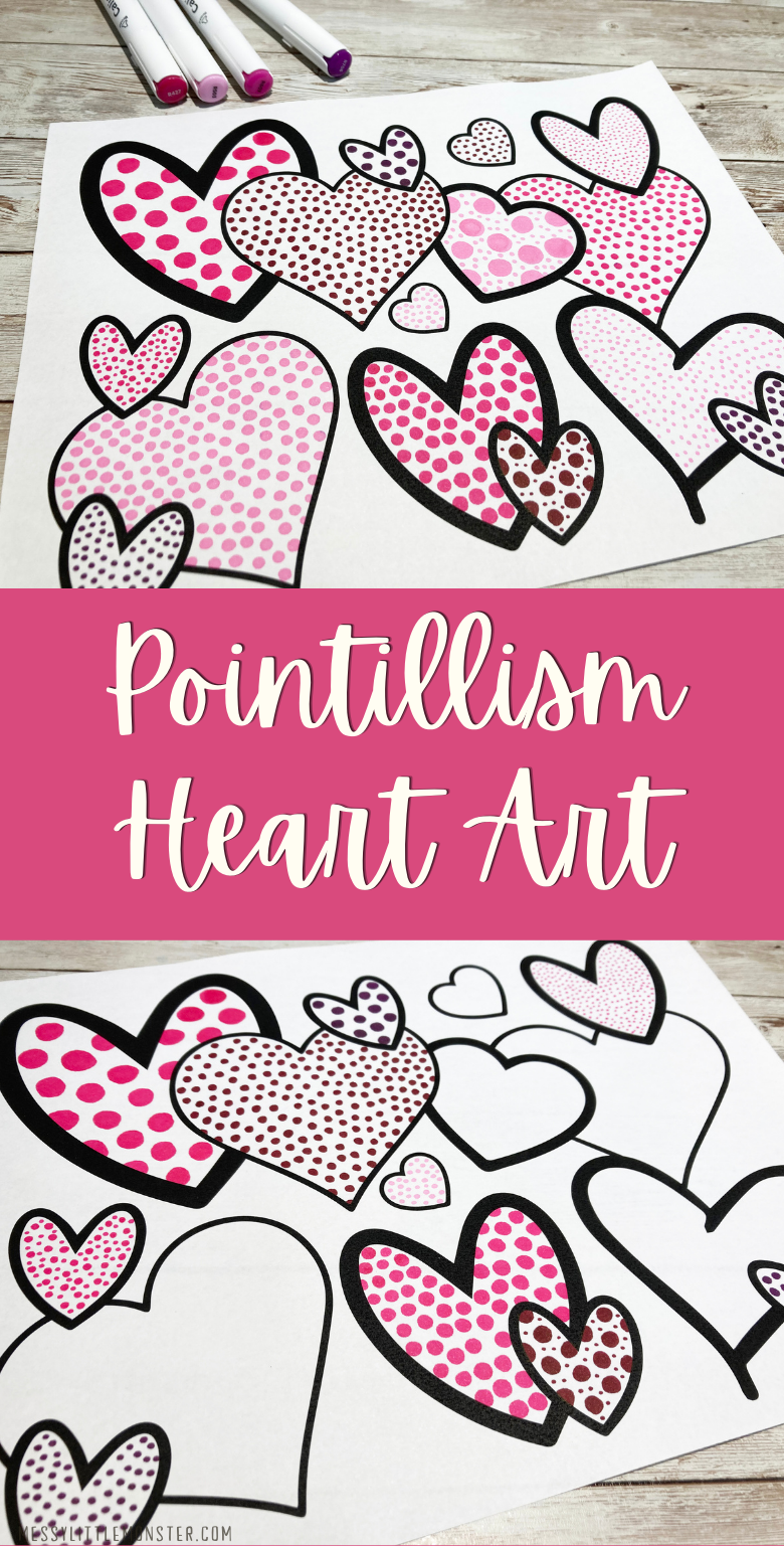 Heart art for kids. Pointillism art with heart template.