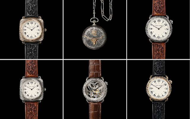 The six models in the American Western watch collection, clockwise, from top left: Rose Gold Cushion, Pocket, Sterling Silver Round, Rose Gold Round, Round Skeleton, Sterling Silver Cushion