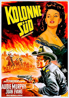 KOLONNE SÜD. Cartel. Alemania. Arte: Klaus Dill. COLUMNA AL SUR. Column South. 1953. Estados Unidos. Dirección: Frederick De Cordova. Reparto: Audie Murphy, Joan Evans, Robert Sterling, Ray Collins, Dennis Weaver, Gregg Palmer, Russell Johnson, Jack Kelly, Johnny Downs, Bob Steele, James Best, Ralph Moody, Rico Alaniz, Denver Pyle.