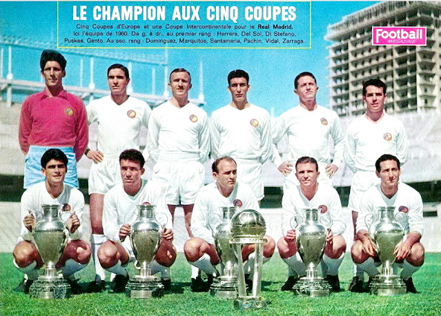 REAL MADRID C. F. Temporada 1960-61. Rogelio Domínguez, Marquitos, Santamaría, Pachín, Vidal, Zárraga. Chus Herrera, Luis Del Sol, Di Stéfano, Puskás y Gento. Los jugadores del Real Madrid posando con la Copa Intercontinental y las 5 Copas de Europa. REAL MADRID C. F. 5 🆚 C. ATLÉTICO PEÑAROL 1 Resultado eliminatoria: REAL MADRID CF 5 CA PEÑAROL 1 Domingo 04/09/1960, 20:30 horas. I Copa Intercontinental, partido de vuelta. Madrid, España, estadio Santiago Bernabéu: 120.000 espectadores. GOLES: ⚽1-0: 3’, Ferenc Puskás. ⚽2-0: 4’, Alfredo Di Stéfano. ⚽3-0: 9’, Ferenc Puskás. ⚽4-0: 44’, Chus Herrera. ⚽5-0: 51’, Paco Gento. ⚽5-1: 80’, Alberto Spencer.