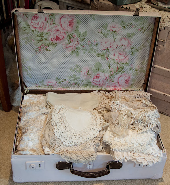 Old suitcase refurbished by http://lace-age-girl.blogspot.com.au/2016/03/a-suitcase-full-of-lace-treasures.html