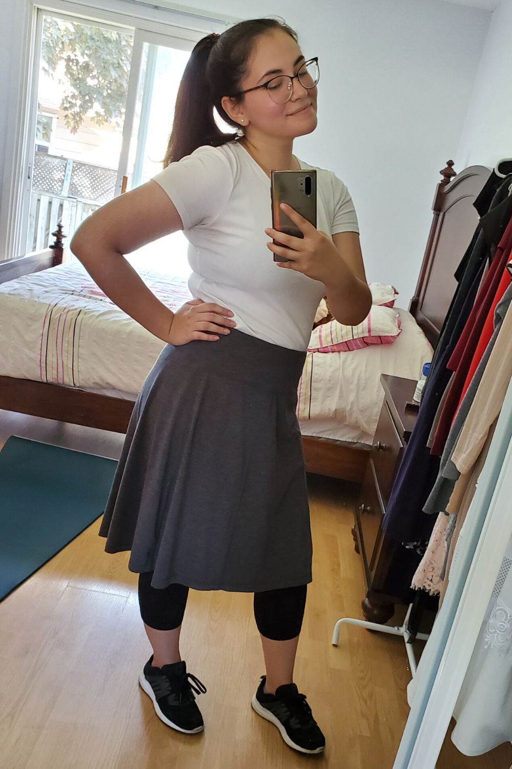 Modest Workout Outfit - Traditional Catholic Modesty and Femininity - Grey Knee Length Lounge Skirt with Leggings, White T-Shirt and Black Adidas Sneakers