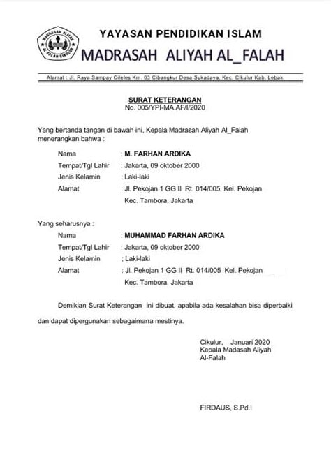 Contoh Surat Keterangan Kesalahan Penulisan Ijazah