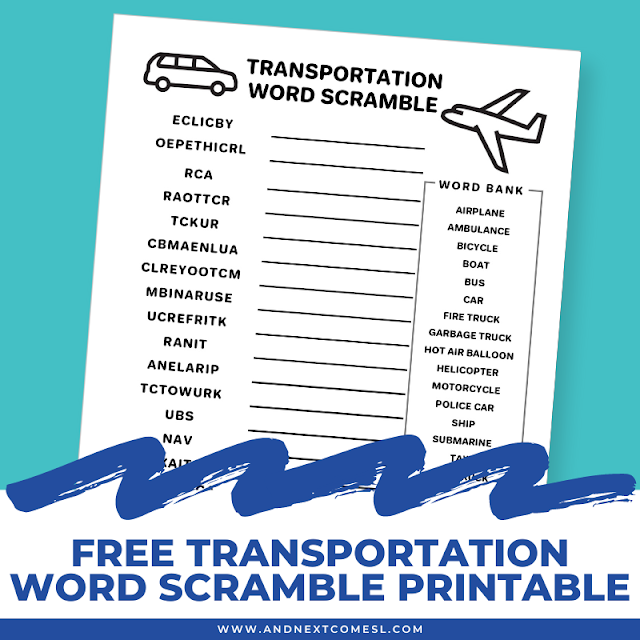Free printable transportation word scramble game for kids with answers