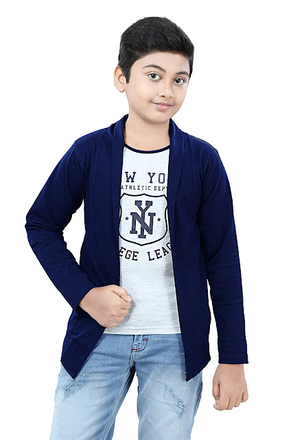 SDS Fashion Boy's Full Sleeve Cotton White Printed T-Shirt with Navy Blue Jacket Shrug Look Smart and Comfortable for Any Casual and Festive Purpose