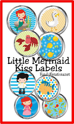 Print some sweet treats for your Little Mermaid party with these printable Hershey kiss labels.  Labels are a perfect addition to a birthday party dessert table or as a fun treat for your Ariel or mermaid fan.