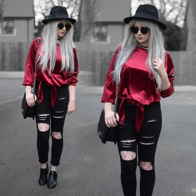 Sammi Jackson - Primark Fedora, Tosave Red Velvet Tie Up Top, Choies Black Ripped Jeans, Choies Fishnet Tights, Wholesale 7 Buckled Boots