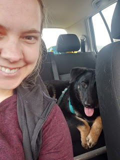 Selfie of Lisa and Monty from the inside of a car. Lisa has a big grin on her face in the drivers seat, while Monty lies in the back seats with a baby blue harness on. His tongue is sticking out.