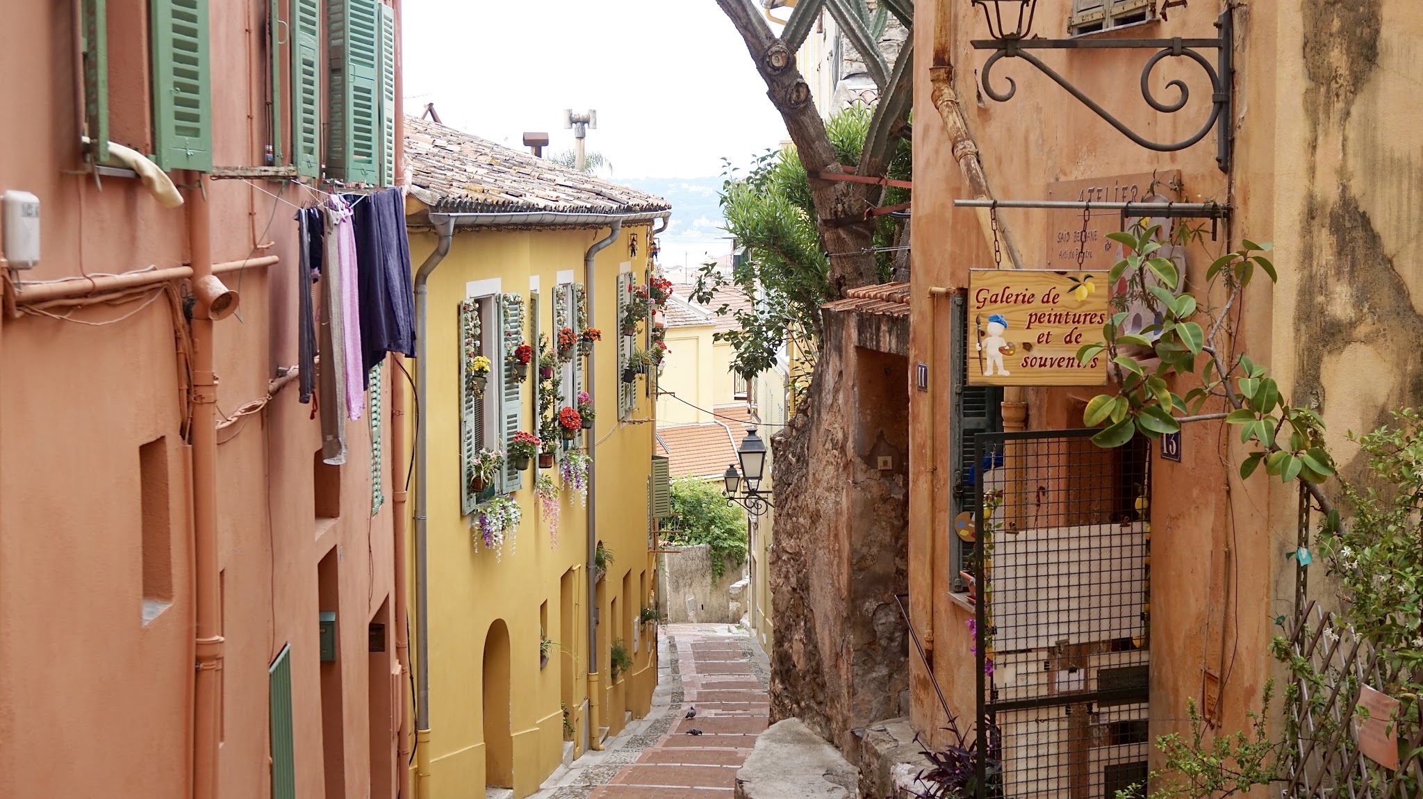 a cobbled street with brightly coloured houses either side, flowers along the walls