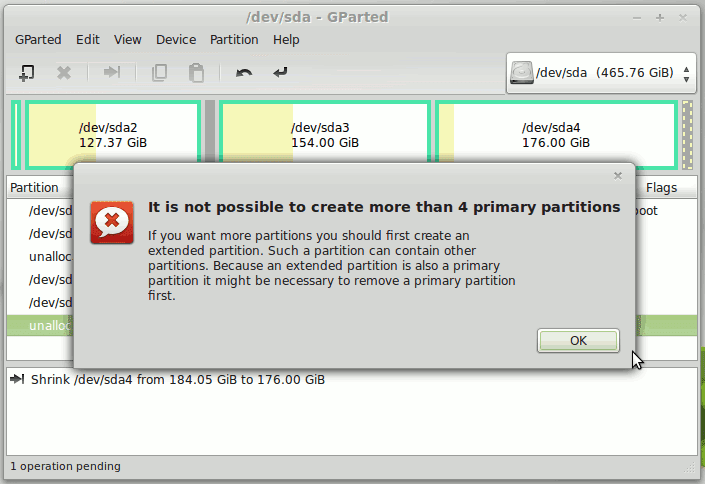 gparted error message while try to create more than 4 primary partition