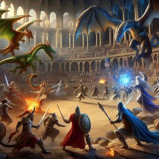 Fantasy Characters Battling in an Arena
