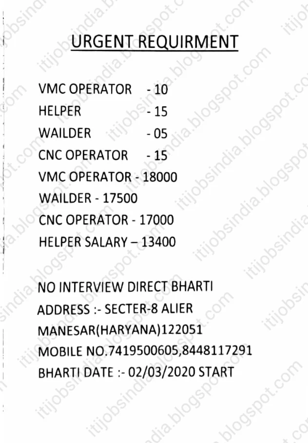 URGENT REQUIRMENT VMC OPERATOR HELPER  WAILDER CNC OPERATOR