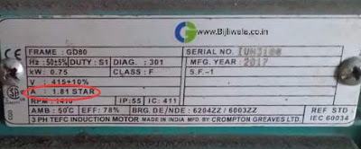 Name plate of 0.75kw Crompton Greaves 3phase Induction Motor