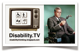 Left side - Disability.TV podcast logo - Right side - Photo of TV character Robert Ironside sitting in wheelchair holding a gun by the barrel