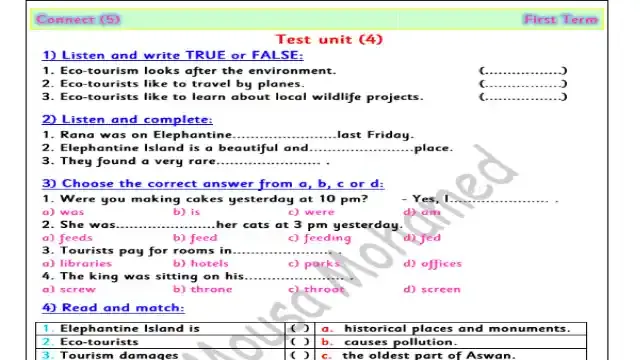 احدث امتحان لغة انجليزية على الوحدة الرابعة كونكت 5 للصف الخامس الابتدائى الترم الاول 2024