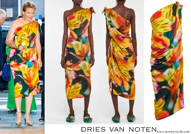 CASA REAL BELGA - Página 83 Queen-Mathilde-wore-DRIES-VAN-NOTEN-One-shoulder-draped-floral-midi-dress