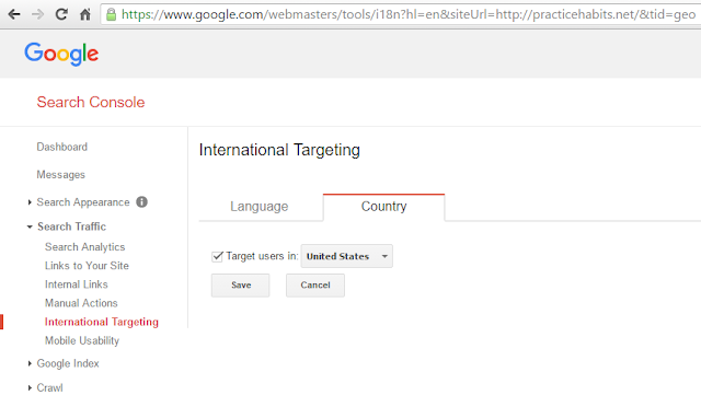 Google Search Console: International Targeting Settings