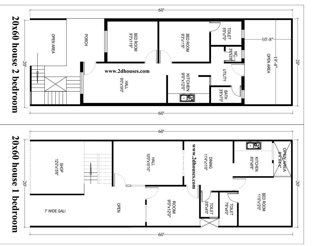 20x60 house plans with 3 bedrooms