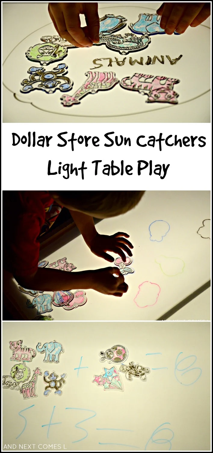 Using dollar store sun catchers and dry erase markers to explore math and literacy and work on fine motor skills from And Next Comes L