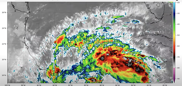 sta mañana #Julia ya es una #DepresiónTropical, se localiza a 215 km al este de la desembocadura del Río Suchiate, frontera México con Guatemala.