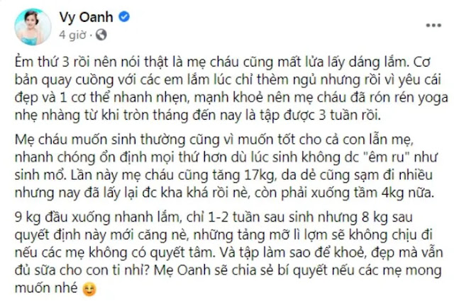 Chia sẻ của Vy Oanh trên FaceBook rằng cô sẽ quyết tâm giảm cân