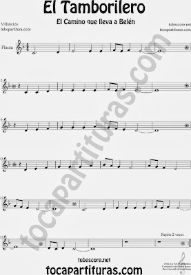 Partitura de El Tampolirero para Flauta Travesera, flauta dulce y flauta de pico El niño del Tambor Villancico Carol Of the Drum Sheet Music for Flute and Recorder Music Scores