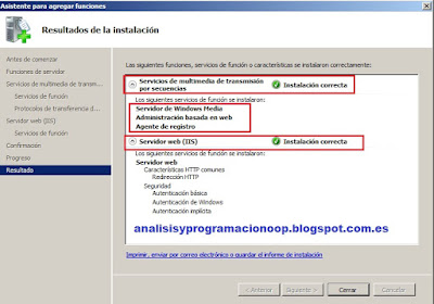 Windows Media Services resultados de la instalación