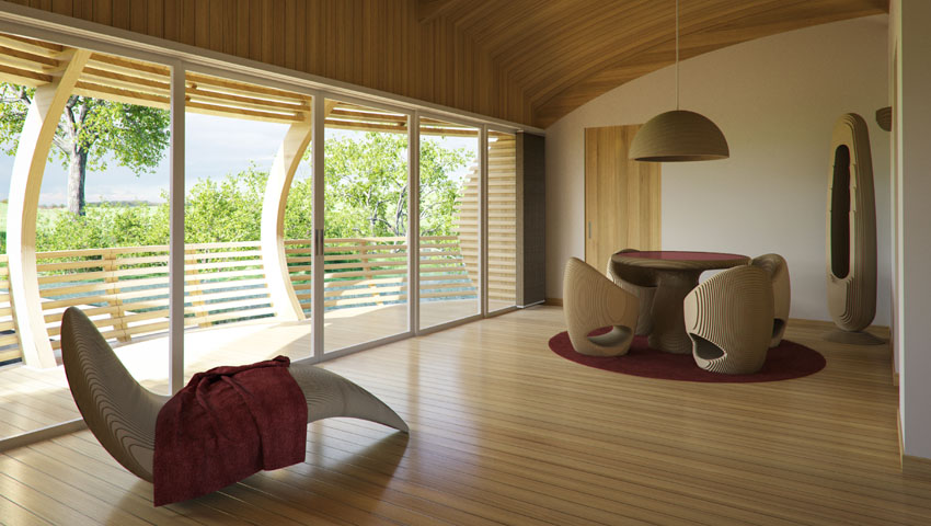 Water Nest 100 An Eco-Friendly, Solar-Powered Home Made With Near 100% Recycled Materials - The bedroom is spacious and the furniture chosen to display the room really matches the curvature of the Water Nest and ties everything in. All furniture is from EcoFl