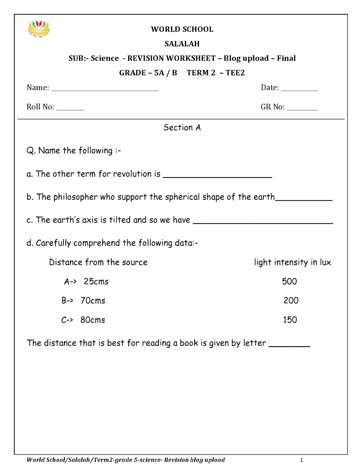 birla world school oman revision worksheets for grade 5 as on 13 05 2019