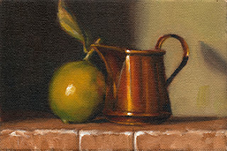 Oil painting of a lime with attached leaf beside a small copper jug.