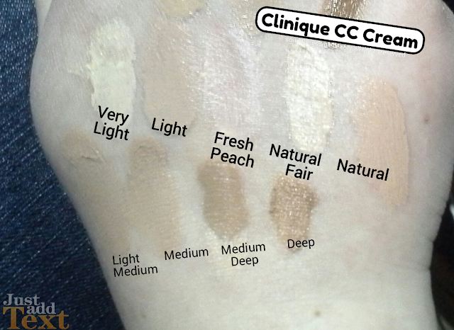 Clinique CC Cream; Moisture Surge, Hydrating Colour (Color) Corrector SPF 30; Review & Swatches of Shades Very Light, Light, Fresh Peach, Natural, Natural Fair, Light Medium, Medium, Medium Deep, Deep