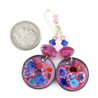 enamel millefiori glass earrings pink blue aqua red