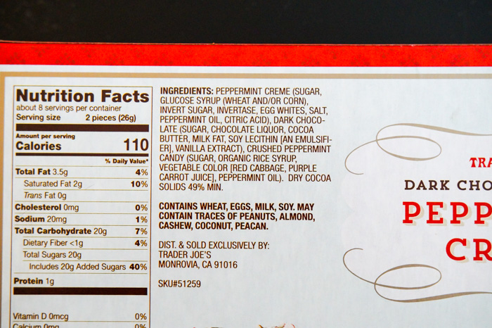 Trader Joe's Dark Chocolate Covered Peppermint Cremes nutrition label and ingredients