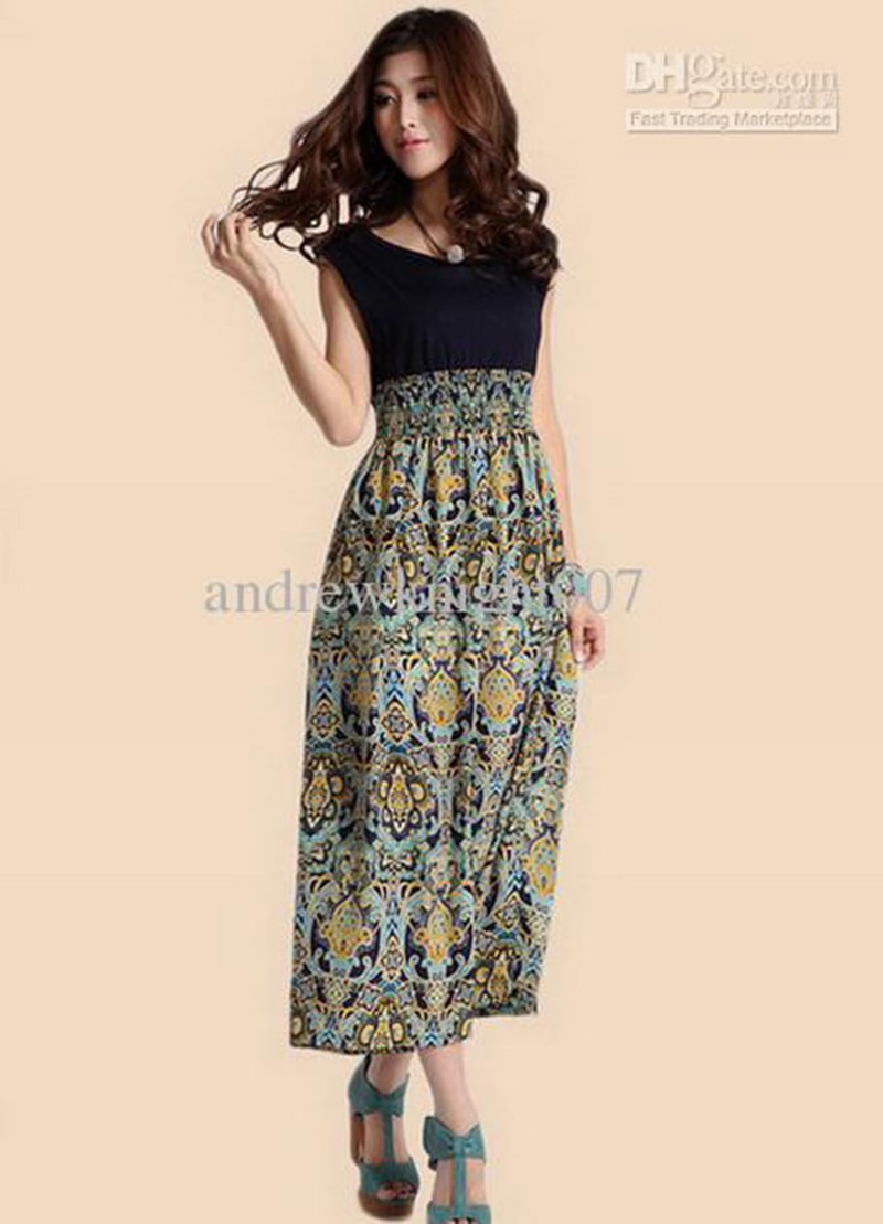 Fashion Chiffon One-piece Dress Summer Women Elegant Patchwork Maxi long Print dresses female Drop shipping