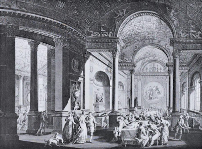 Inside view of the supper room and part of the ballroom in a  pavilion erected for a Fête Champêtre in the garden of the Earl of Derby  at The Oaks, in Surrey, on June 9th, 1774 - Robert Adam, Architect -in  The Works in Architecture of Robert and James Adam by R&A Adam (1773)