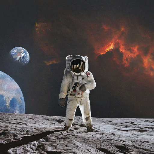 An astronaut in a spacesuit standing on the moon, looking up at a colourful nebula with Earth in the distance