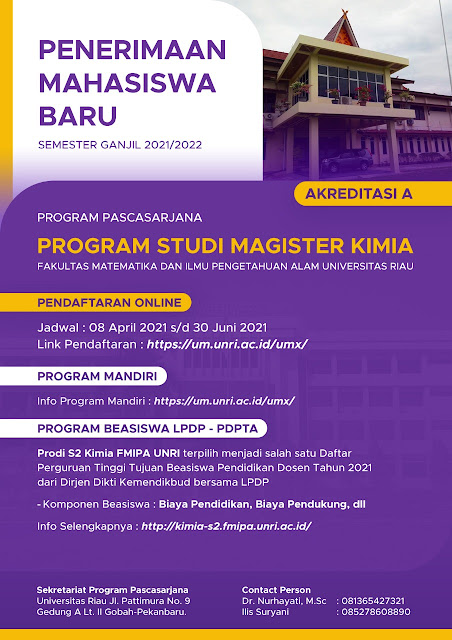 Beasiswa LPDP bagi Dosen dan Guru di Prodi S2 Kimia Universitas Riau Tahun 2021