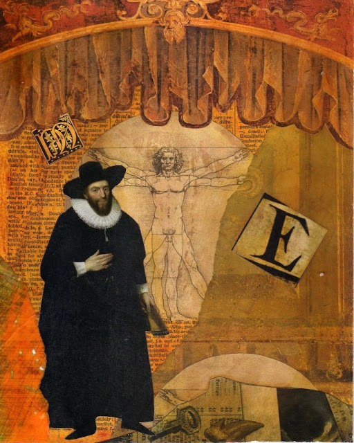 An Elizabethan gentleman dressed in black stands under a theatre curtain.the background includes a Da Vinci drawing and several letters.