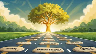 A long road leading to a golden tree, symbolizing the journey of building generational wealth and financial success.