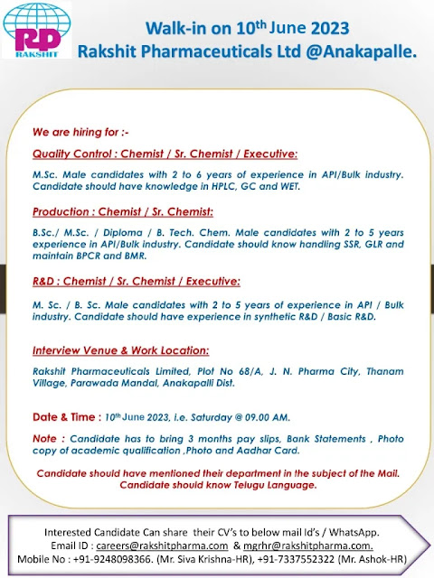 Rakshit Pharmaceuticals Walk In Interview For BSc/ MSc/ Diploma/ B Tech Chemical - Production/ R&D/ QC Department