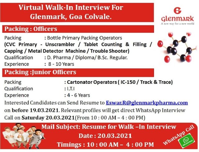 Glenmark Pharma | Virtual interview for Packing on 20th Mar 2021