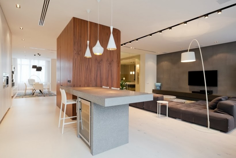 Kitchen island in Minimalist modern apartment in Moscow