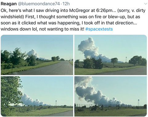 SpaceX rocket engine test in McGregor, TX (Source: Twitter feed from Reagan, @bluemoondance72)