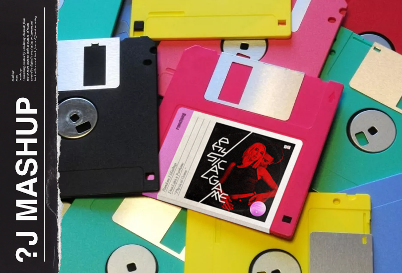 A pile of colourful floppy discs. With one pink disc with a label on it, which features the cover art of my Dua Lipa x Perfume mashup. The cover art of which features a red saturated shot of Dua Lipa from her music video for “Physical”, with the song title “Physical Game” superimposed on it, in the same font Perfume used for their album ‘Game’.