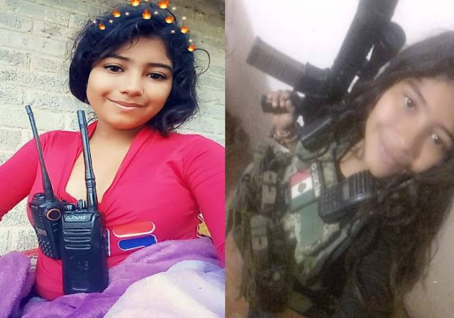 Fotografias; Exhiben en redes a Maria Curiel, "La Chimo"  sicaria activa de La Nueva Familia Michoacána vestida con ropa Militar y rifle en mano