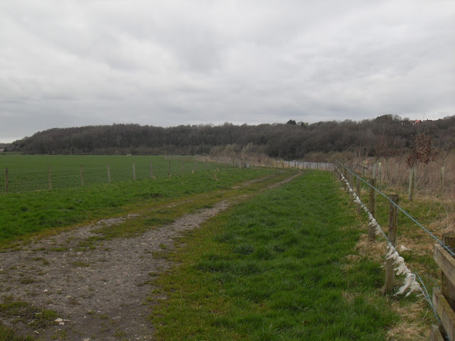 A view towards the stone's location on the farm track beyond the footpath.