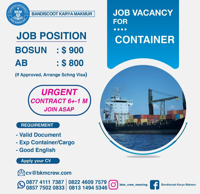 Job Vacancy for Bosun and AB in Container Vessel December 2023