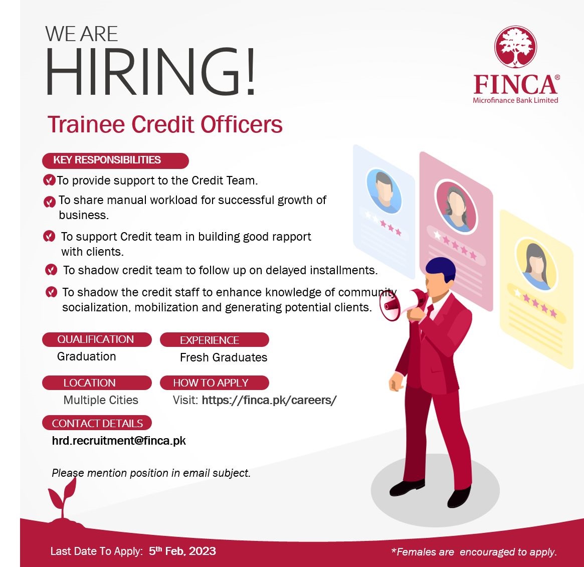 FINCA Microfinance Bank Ltd. is hiring for Trainee Credit Officers.