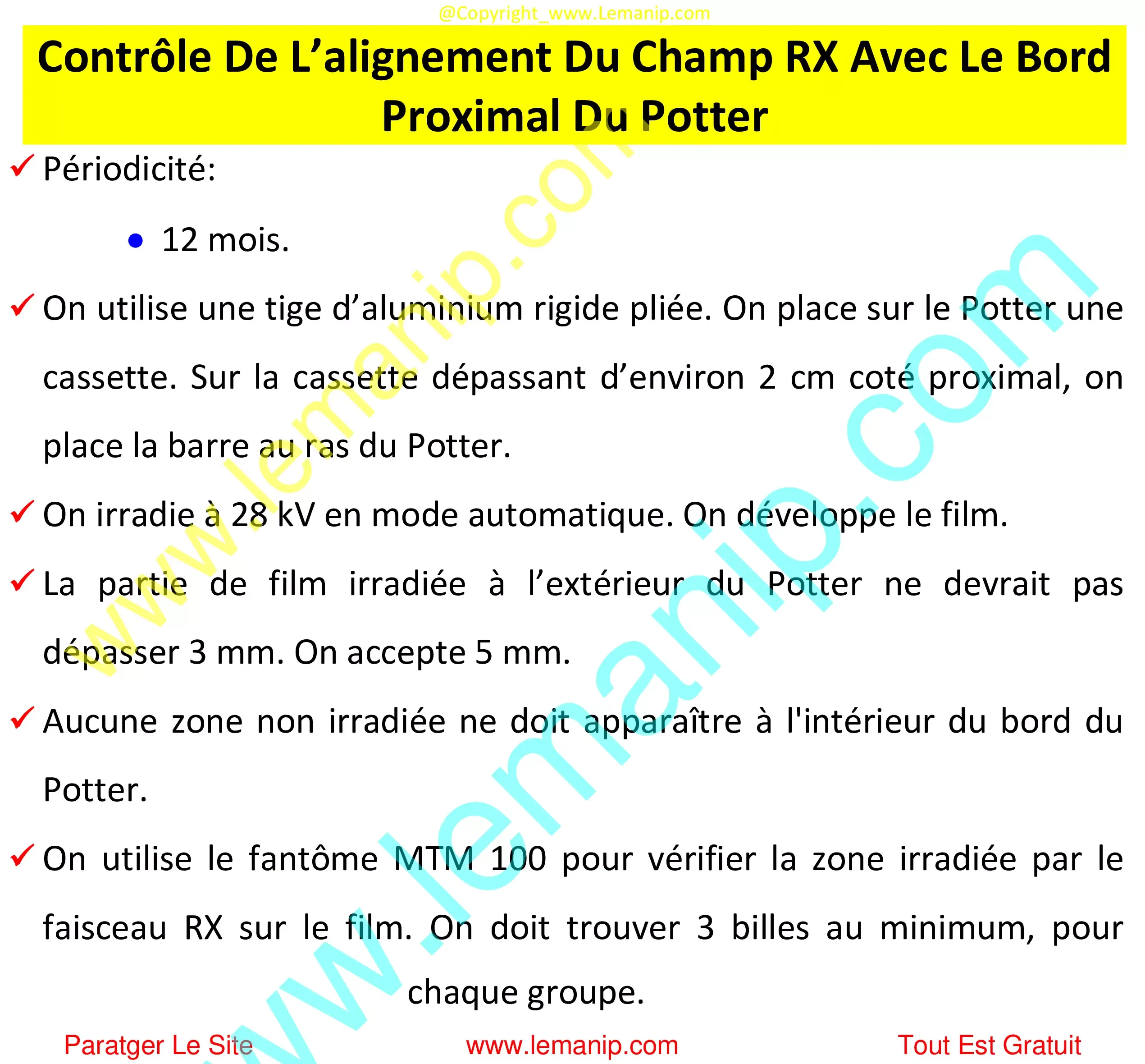 Contrôle De L’alignement Du Champ RX Avec Le Bord Proximal Du Potter